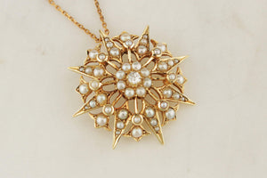 ANTIQUE EDWARDIAN c1900 DIAMOND & PEARL STARBURST PENDANT 15ct GOLD