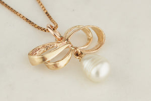 ANTIQUE c1920 SEMI-BAROQUE PEARL BOW PENDANT 9ct GOLD