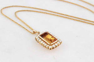 ANTIQUE EDWARDIAN CITRINE & SEED PEARL PENDANT 9ct GOLD