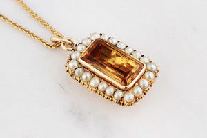 ANTIQUE EDWARDIAN CITRINE & SEED PEARL PENDANT 9ct GOLD
