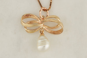 ANTIQUE c1920 SEMI-BAROQUE PEARL BOW PENDANT 9ct GOLD
