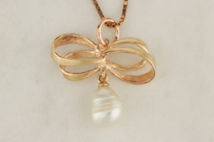 ANTIQUE c1920 SEMI-BAROQUE PEARL BOW PENDANT 9ct GOLD