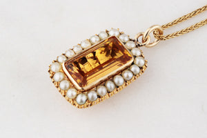 ANTIQUE EDWARDIAN CITRINE & SEED PEARL PENDANT 9ct GOLD