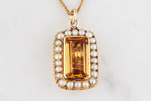 ANTIQUE EDWARDIAN CITRINE & SEED PEARL PENDANT 9ct GOLD