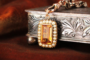 ANTIQUE EDWARDIAN CITRINE & SEED PEARL PENDANT 9ct GOLD