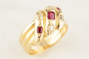 ANTIQUE VICTORIAN c1840 RUBY & DIAMOND SNAKE RING 18ct YELLOW GOLD