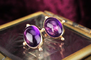 RETRO AMETHYST CABOCHON EARRINGS 9ct GOLD