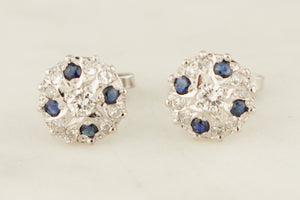 VINTAGE c1940 SAPPHIRE & DIAMOND EAR STUDS 14ct WHITE GOLD