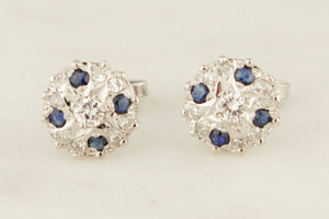 VINTAGE c1940 SAPPHIRE & DIAMOND EAR STUDS 14ct WHITE GOLD