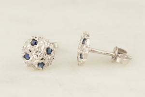 VINTAGE c1940 SAPPHIRE & DIAMOND EAR STUDS 14ct WHITE GOLD