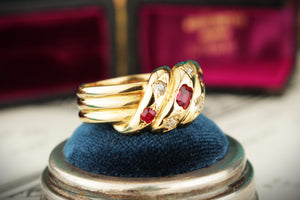 ANTIQUE VICTORIAN c1840 RUBY & DIAMOND SNAKE RING 18ct YELLOW GOLD
