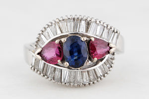 VINTAGE PLATINUM 1940's SAPPHIRE, RUBY & DIAMOND RING