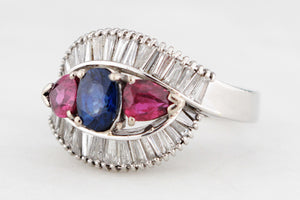 VINTAGE PLATINUM 1940's SAPPHIRE, RUBY & DIAMOND RING