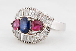 VINTAGE PLATINUM 1940's SAPPHIRE, RUBY & DIAMOND RING