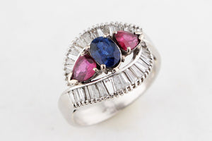 VINTAGE PLATINUM 1940's SAPPHIRE, RUBY & DIAMOND RING