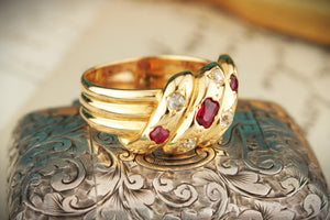 ANTIQUE VICTORIAN c1840 RUBY & DIAMOND SNAKE RING 18ct YELLOW GOLD