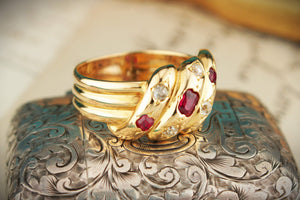 ANTIQUE VICTORIAN c1840 RUBY & DIAMOND SNAKE RING 18ct YELLOW GOLD
