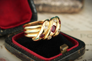 ANTIQUE VICTORIAN c1840 RUBY & DIAMOND SNAKE RING 18ct YELLOW GOLD
