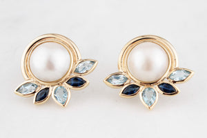 VINTAGE MABE PEARL SAPPHIRE & TOPAZ EARRINGS 9ct GOLD