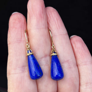 VINTAGE MID CENTURY LAPIS LAZULI DROP EARRINGS 9ct GOLD