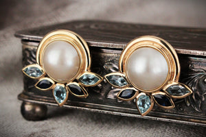 VINTAGE MABE PEARL SAPPHIRE & TOPAZ EARRINGS 9ct GOLD