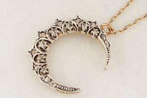 ANTIQUE LATE VICTORIAN c1890 DIAMOND CRESCENT MOON PENDANT 15ct GOLD & SILVER