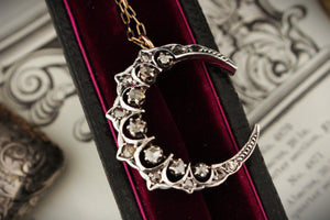 ANTIQUE LATE VICTORIAN c1890 DIAMOND CRESCENT MOON PENDANT 15ct GOLD & SILVER