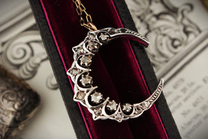 ANTIQUE LATE VICTORIAN c1890 DIAMOND CRESCENT MOON PENDANT 15ct GOLD & SILVER
