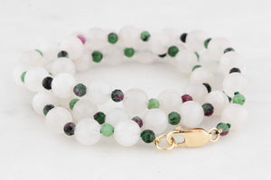 BESPOKE MOONSTONE & RUBY ZOISITE NECKLACE 9ct GOLD