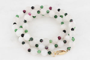 BESPOKE MOONSTONE & RUBY ZOISITE NECKLACE 9ct GOLD