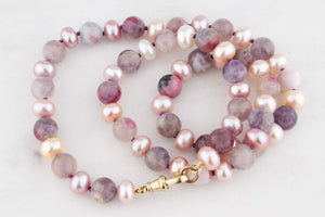 BESPOKE PINK PEARL & PLUM TOURMALINE NECKLACE 9ct GOLD