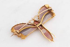 ANTIQUE VICTORIAN c1890 BANDED AGATE BUTTERFLY BROOCH 20ct GOLD