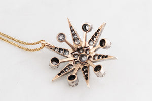 ANTIQUE VICTORIAN c1850 DIAMOND STARBURST PENDANT SILVER & 9ct GOLD