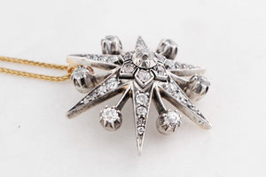 ANTIQUE VICTORIAN c1850 DIAMOND STARBURST PENDANT SILVER & 9ct GOLD