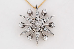 ANTIQUE VICTORIAN c1850 DIAMOND STARBURST PENDANT SILVER & 9ct GOLD
