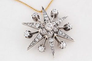 ANTIQUE VICTORIAN c1850 DIAMOND STARBURST PENDANT SILVER & 9ct GOLD