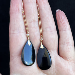 ART DECO c1920 ONYX & PEARL DROP EARRINGS IN 9ct GOLD