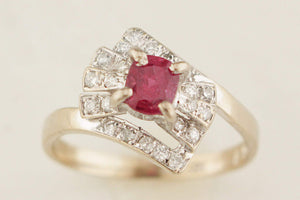ART DECO c1920 RUBY & DIAMOND RING 14ct WHITE GOLD