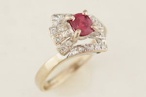 ART DECO c1920 RUBY & DIAMOND RING 14ct WHITE GOLD