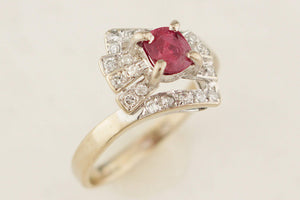 ART DECO c1920 RUBY & DIAMOND RING 14ct WHITE GOLD