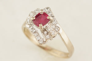 ART DECO c1920 RUBY & DIAMOND RING 14ct WHITE GOLD
