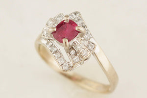 ART DECO c1920 RUBY & DIAMOND RING 14ct WHITE GOLD