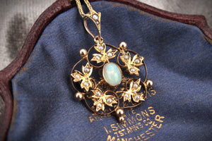ANTIQUE EDWARDIAN c1900 OPAL & SEED PEARL PENDANT 9ct GOLD