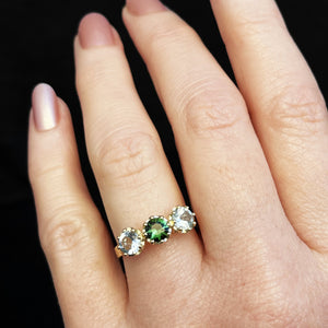 BESPOKE TOURMALINE & AQUAMARINE TRILOGY RING 14ct GOLD