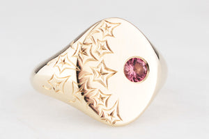 BESPOKE ENGRAVED PINK SAPPHIRE SIGNET RING 9ct GOLD