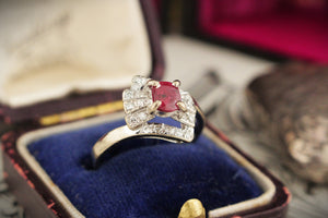 ART DECO c1920 RUBY & DIAMOND RING 14ct WHITE GOLD