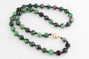 BESPOKE NATURAL ZOISITE & GARNET BEAD NECKLACE 14ct GOLD
