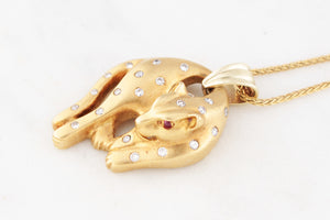 VINTAGE c1940 DIAMOND & RUBY LEOPARD PENDANT 18ct GOLD