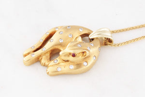 VINTAGE c1940 DIAMOND & RUBY LEOPARD PENDANT 18ct GOLD