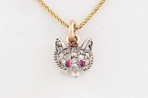 ANTIQUE VICTORIAN c1860’s DIAMOND & RUBY FOX PENDANT SILVER & 9ct GOLD